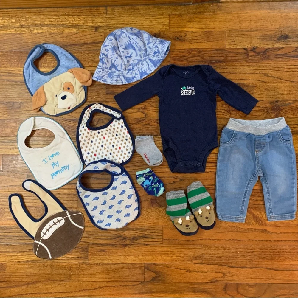 Baby Boy LS Shirt Pants Bibs Hat Socks & Shoes Bundle LS Onesie Blue Jean Pants
